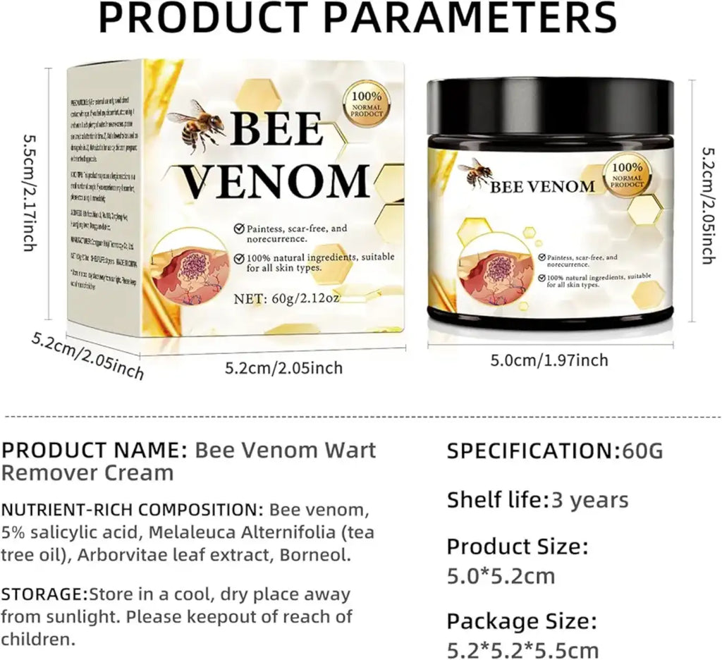Bee venom product packaging with dimensions and specifications.