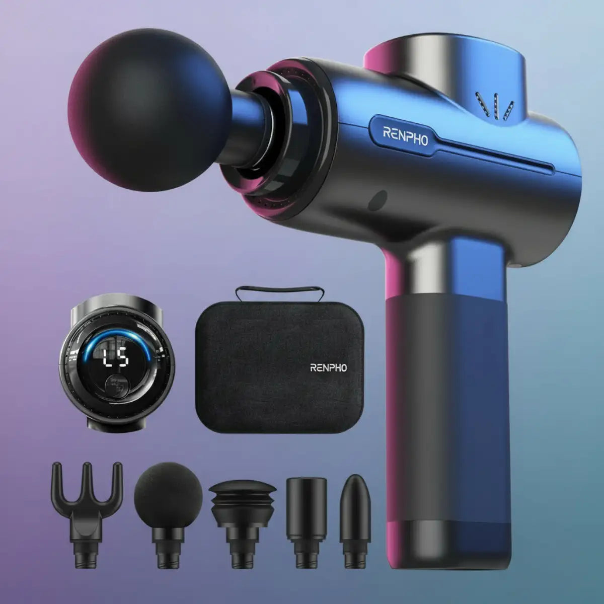 Massage gun with attachments on a gradient background