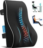 Black ergonomic pillow with脊椎设计, shown with people using it in different settings.