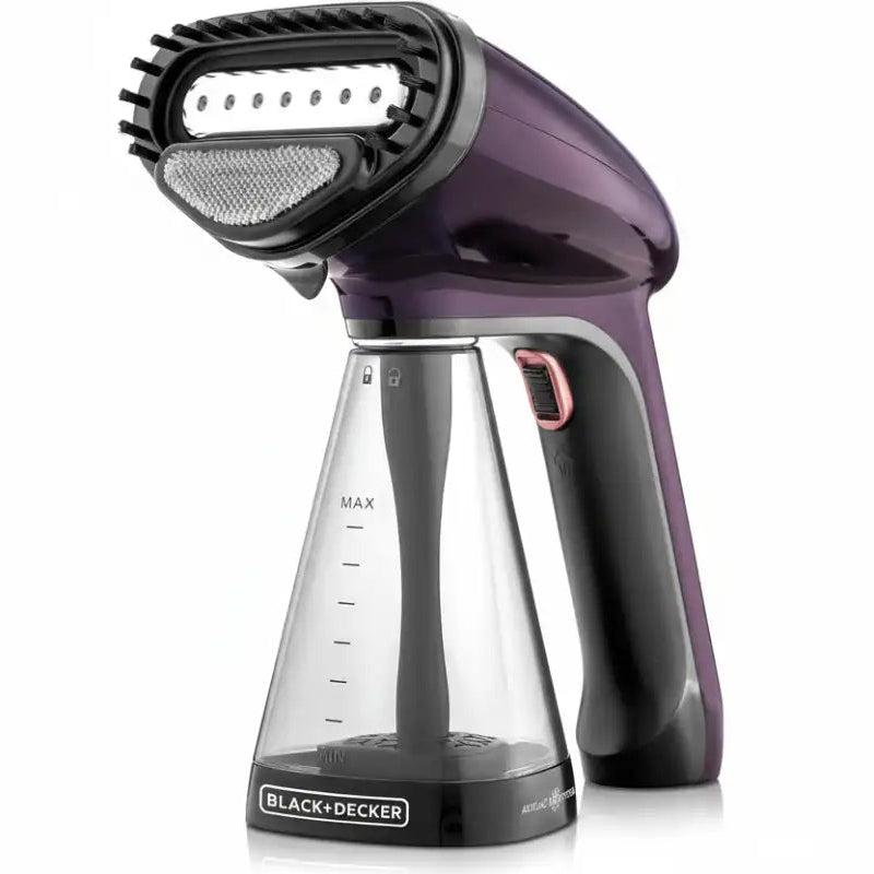 Handheld steam cleaner with Black+Decker branding on a white background