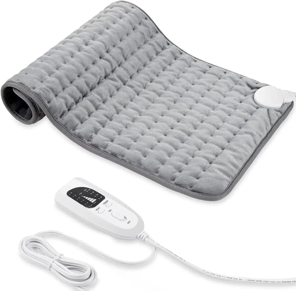 Gray heating pad with digital controller on a white background