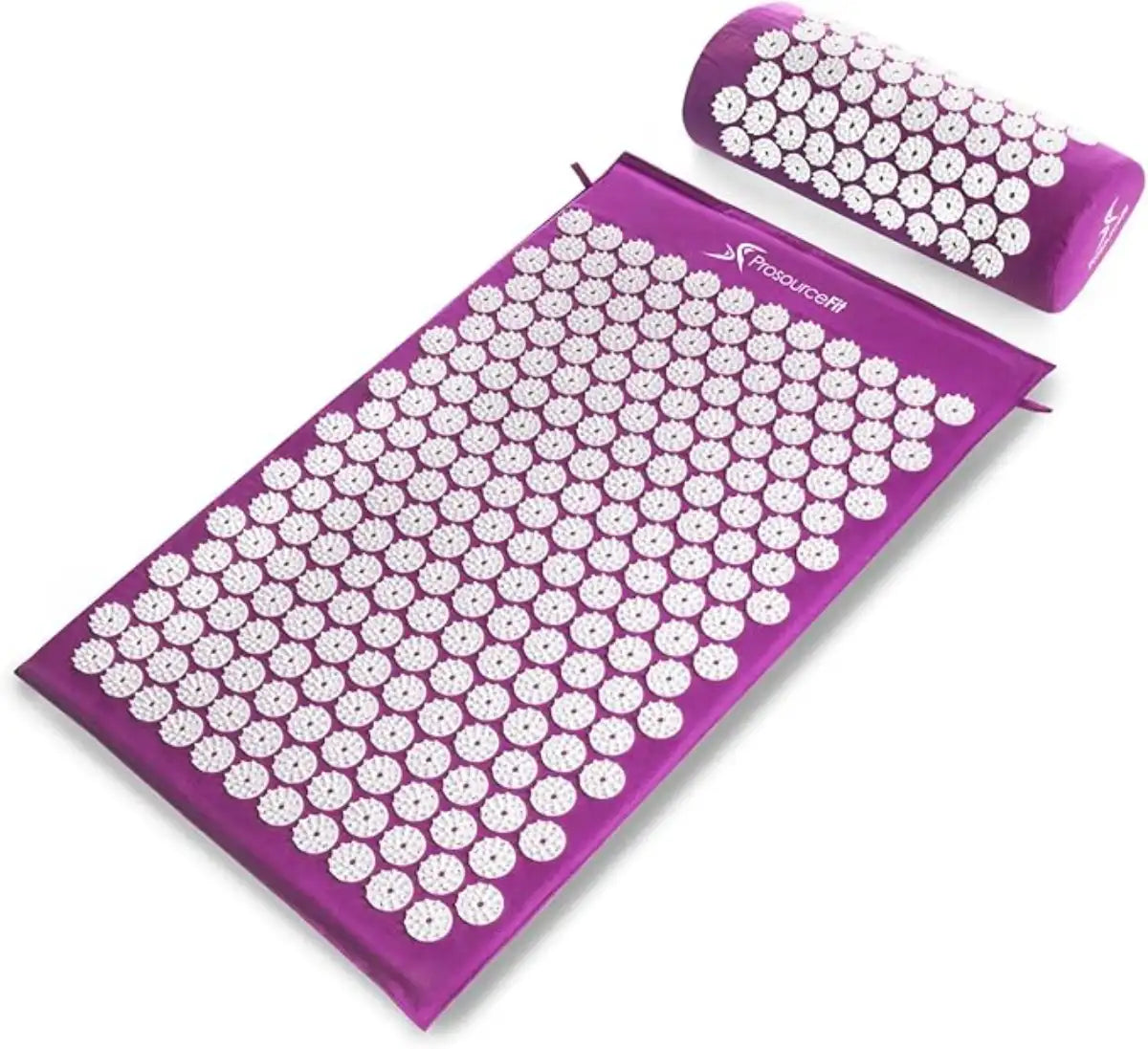 Purple acupressure mat with white nodes and matching pillow on a white background