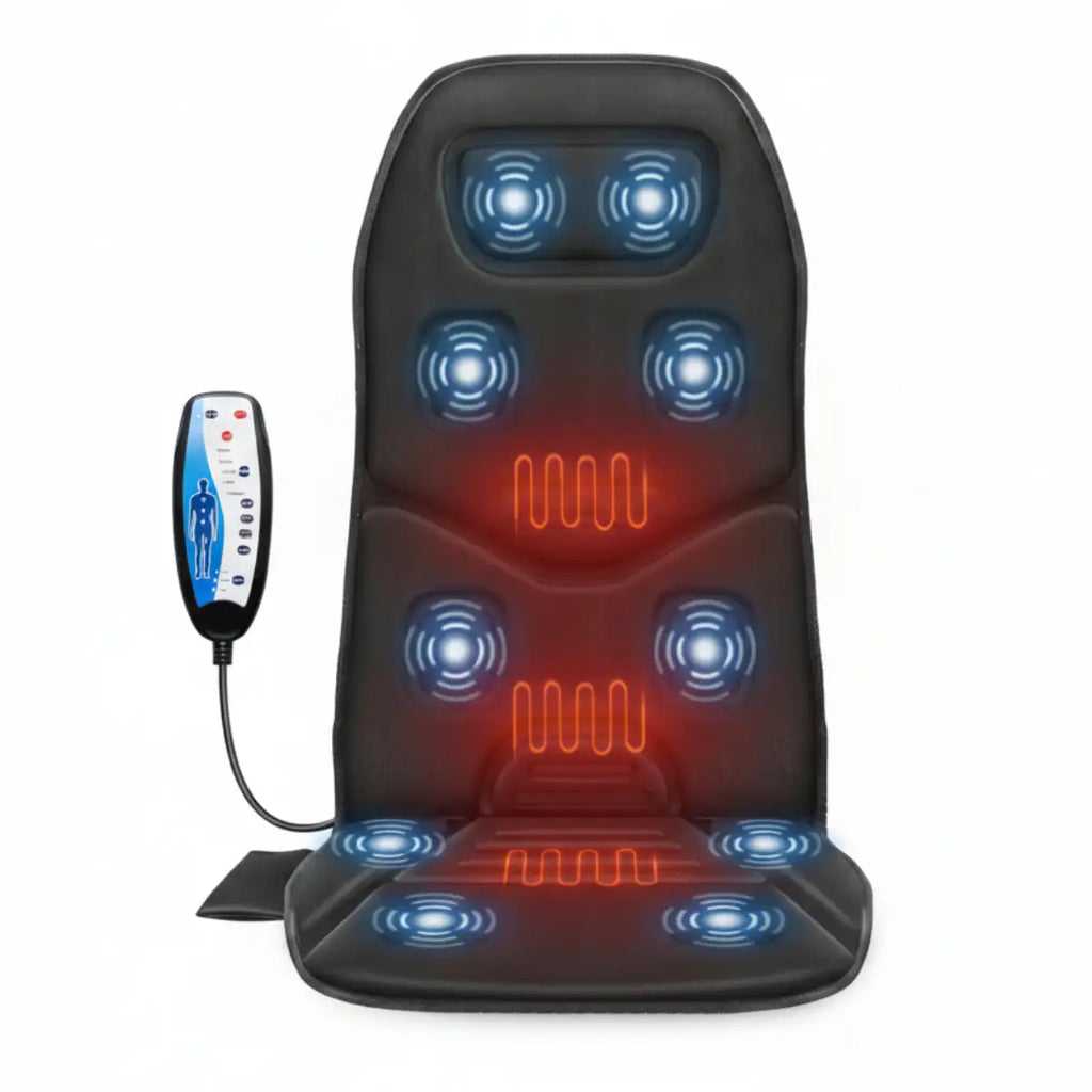 Black massage chair pad with LED lights and remote control on a white background