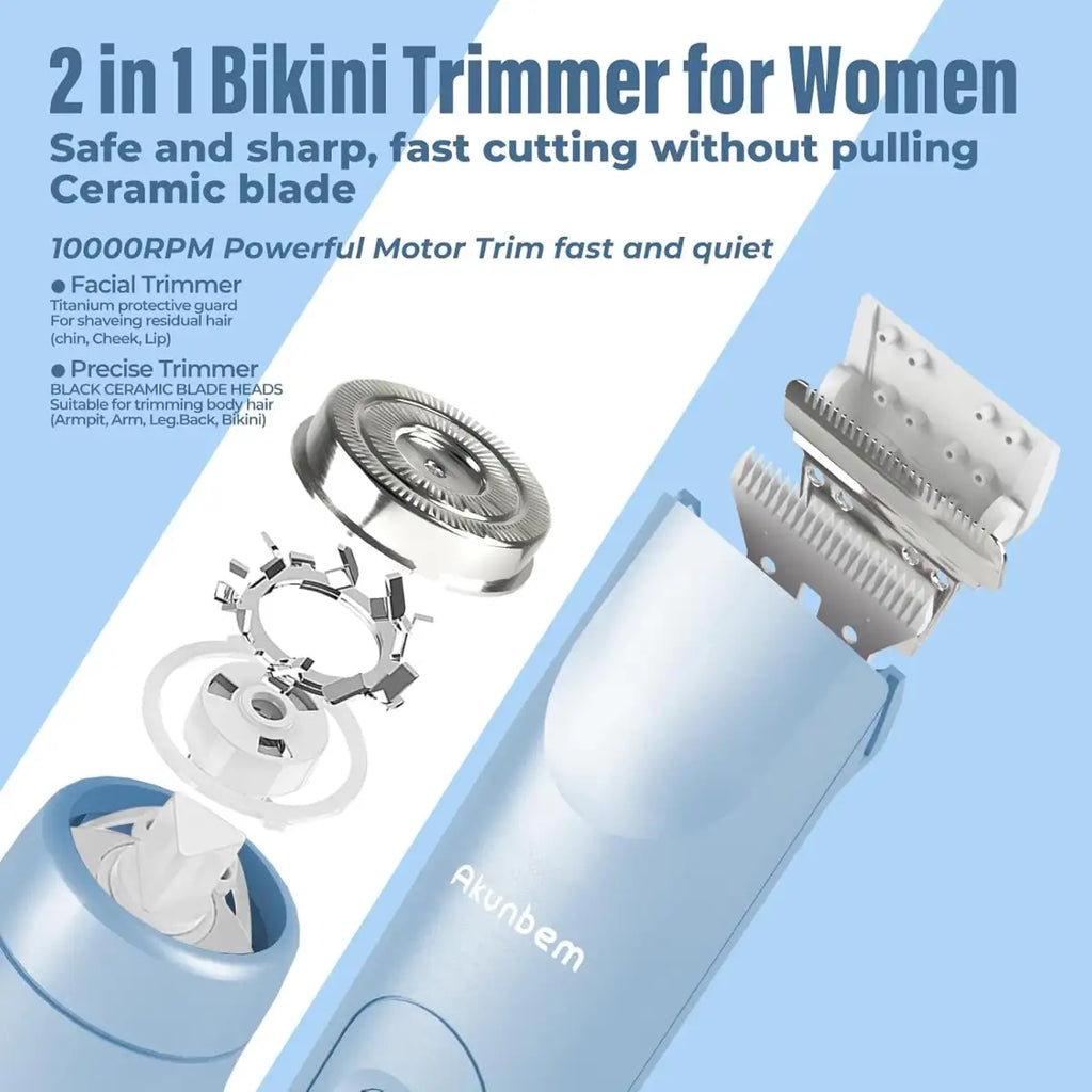 2-in-1 bikini trimmer for women with ceramic blade and powerful motor on a light blue background.
