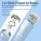 2-in-1 bikini trimmer for women with ceramic blade and powerful motor on a light blue background.