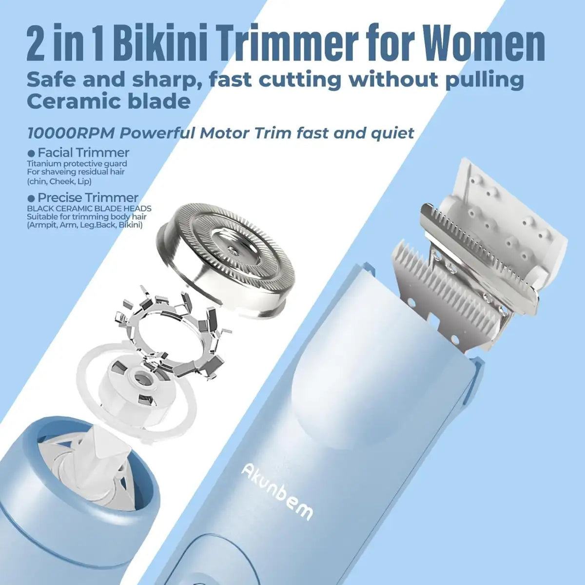 2-in-1 bikini trimmer for women with ceramic blade and powerful motor on a light blue background.