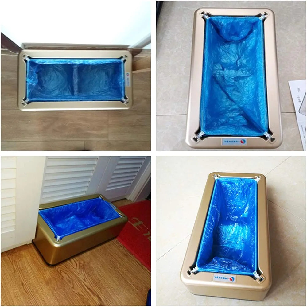 Doggy door with blue flap in various positions on a wooden floor.