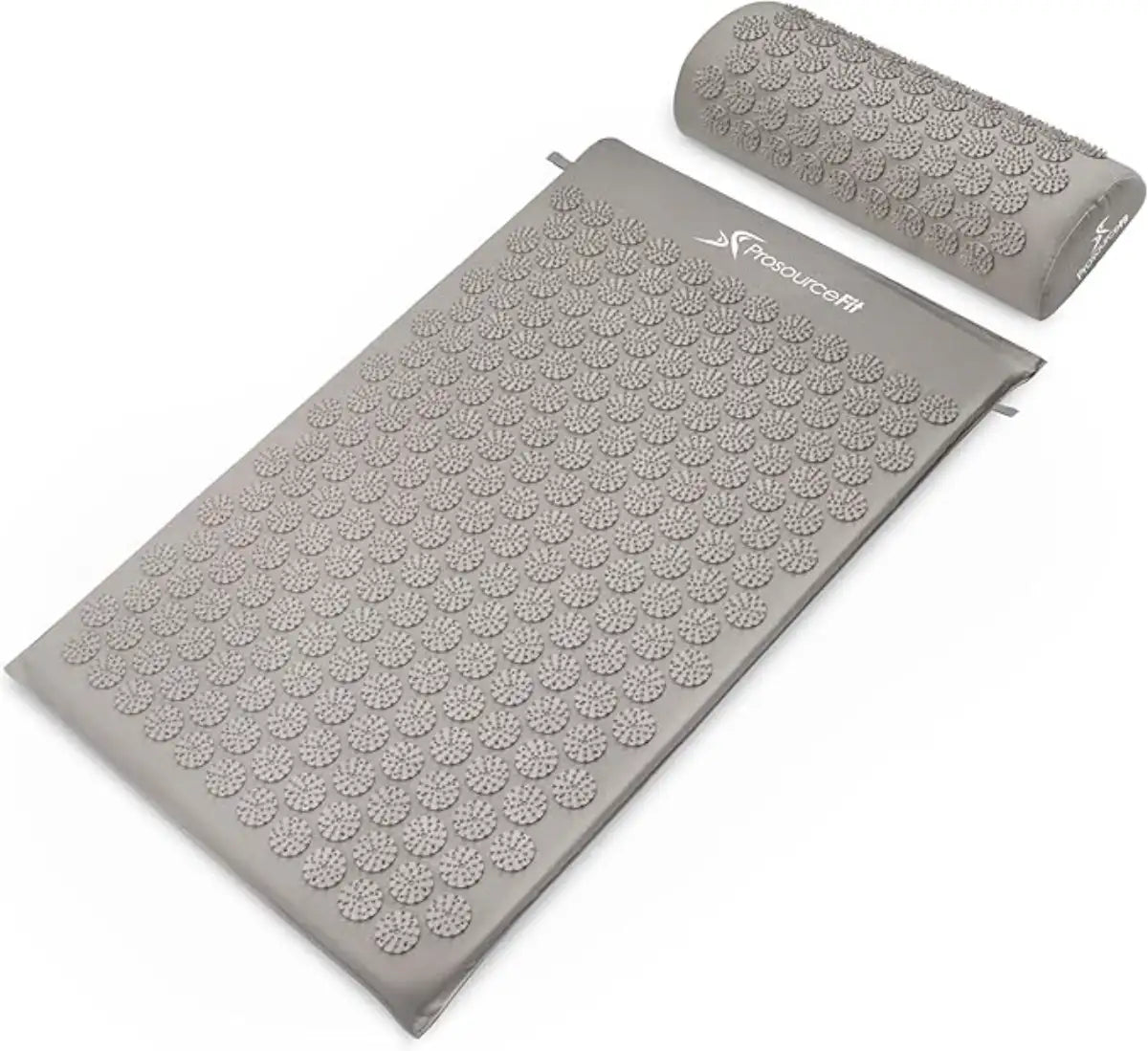 Gray acupressure mat and pillow set on a white background