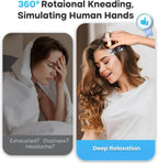 Woman experiencing dizziness and headache with a product for deep relaxation shown on a white background.