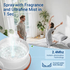 Person using a device to spray fragrance and ultrafine mist in a bedroom setting.