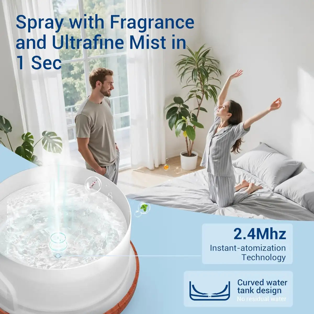 Person using a device to spray fragrance and ultrafine mist in a bedroom setting.