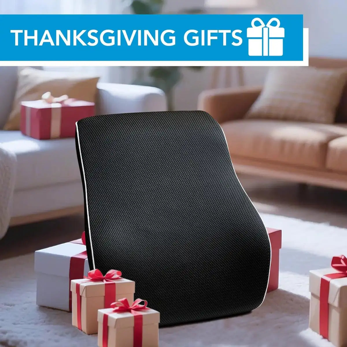 Black backrest pillow with gift boxes in a living room setting, labeled 'Thanksgiving Gifts'.