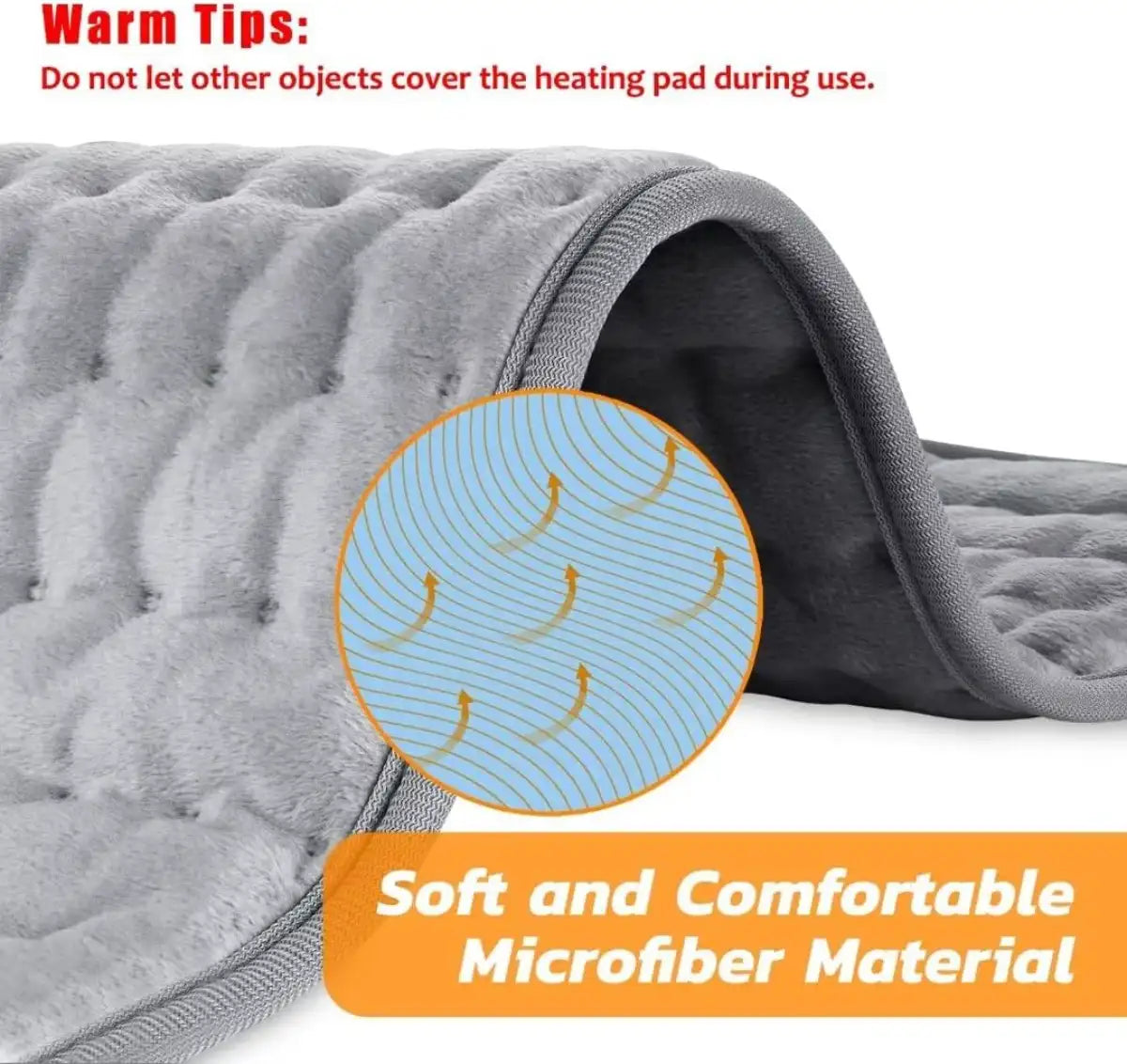 Gray heating pad with text about soft and comfortable microfiber material and usage tips.