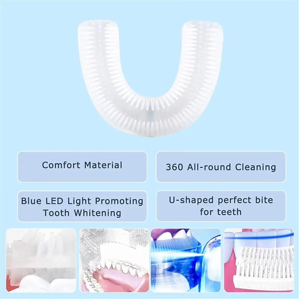 White U-shaped dental cleaning device with features listed on a blue background