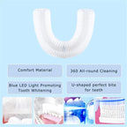 White U-shaped dental cleaning device with features listed on a blue background