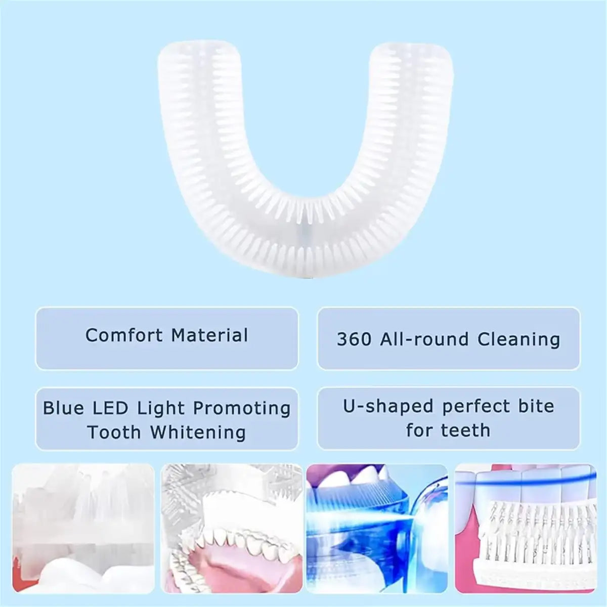 White U-shaped dental cleaning device with features listed on a blue background