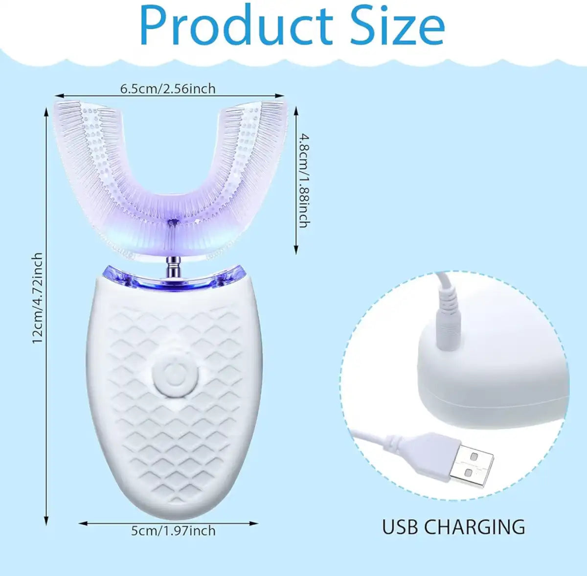 Measurement chart of a dental device with USB charging cable on a blue background