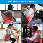 Collage of people experiencing back pain in various settings with text 'Pain Relief & Back Support'.