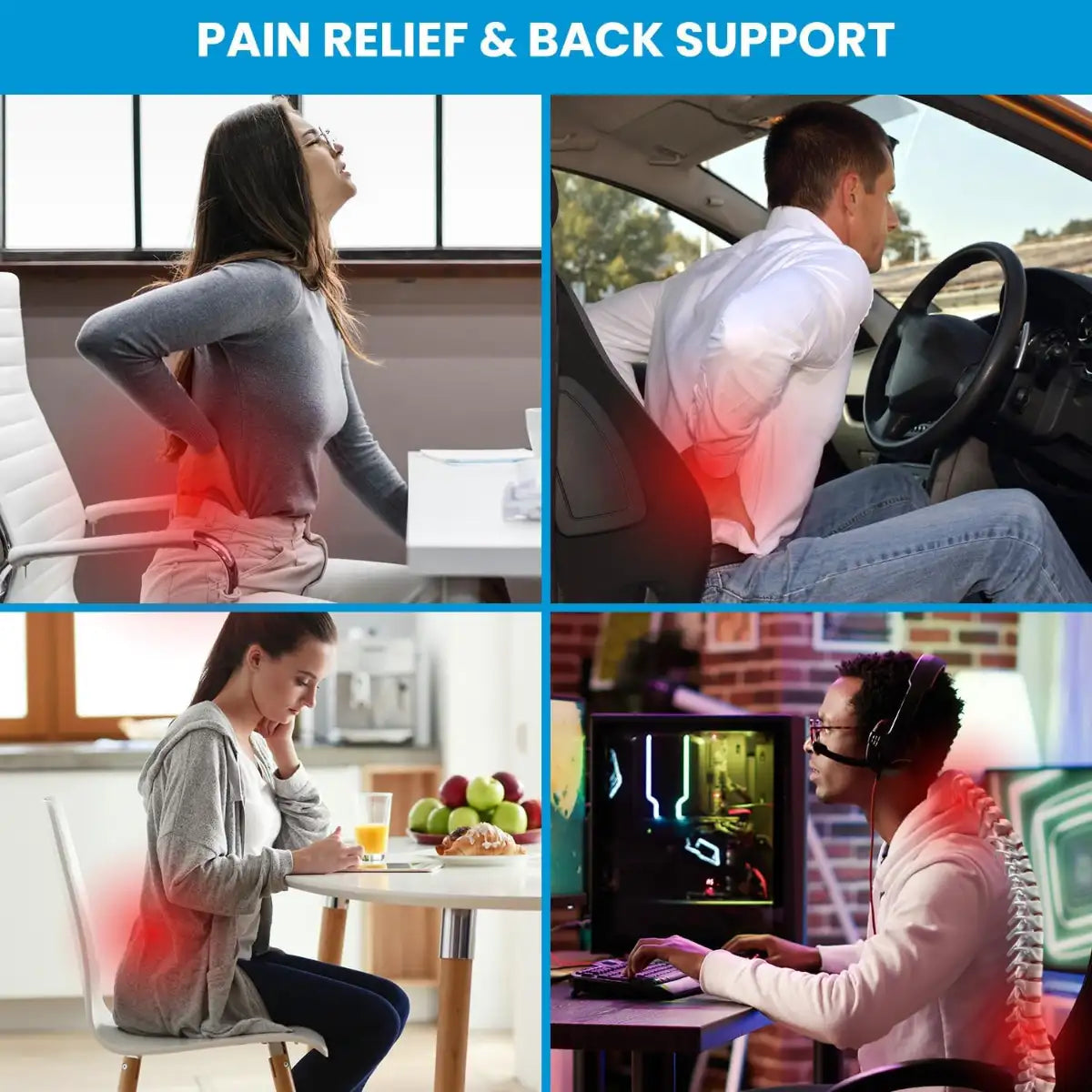 Collage of people experiencing back pain in various settings with text 'Pain Relief & Back Support'.