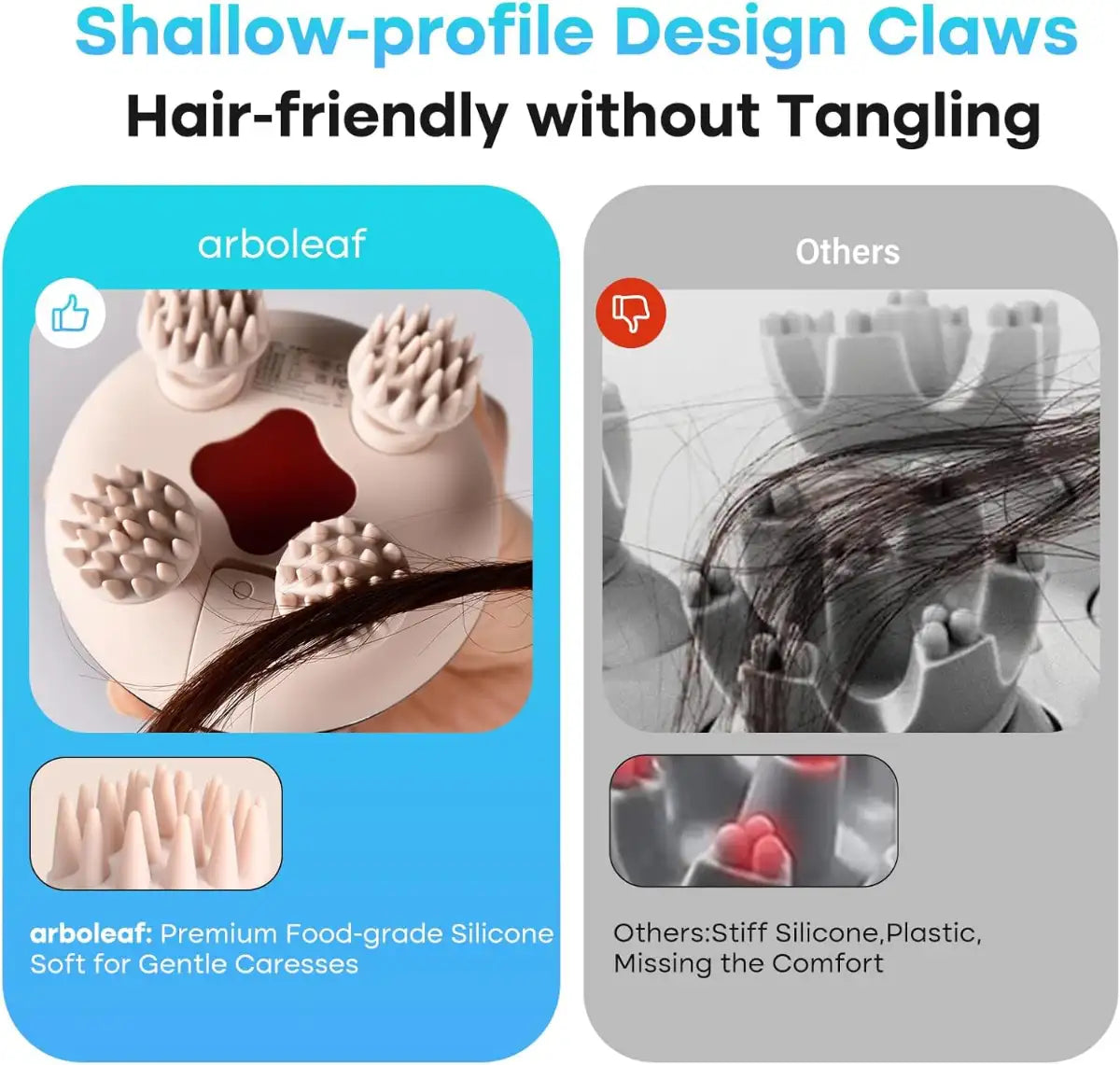 Comparison of arboleaf hair-friendly design claws with others, highlighting comfort and tangle-free hair.