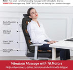 Woman using a vibration massage chair in an office setting with text highlighting features.
