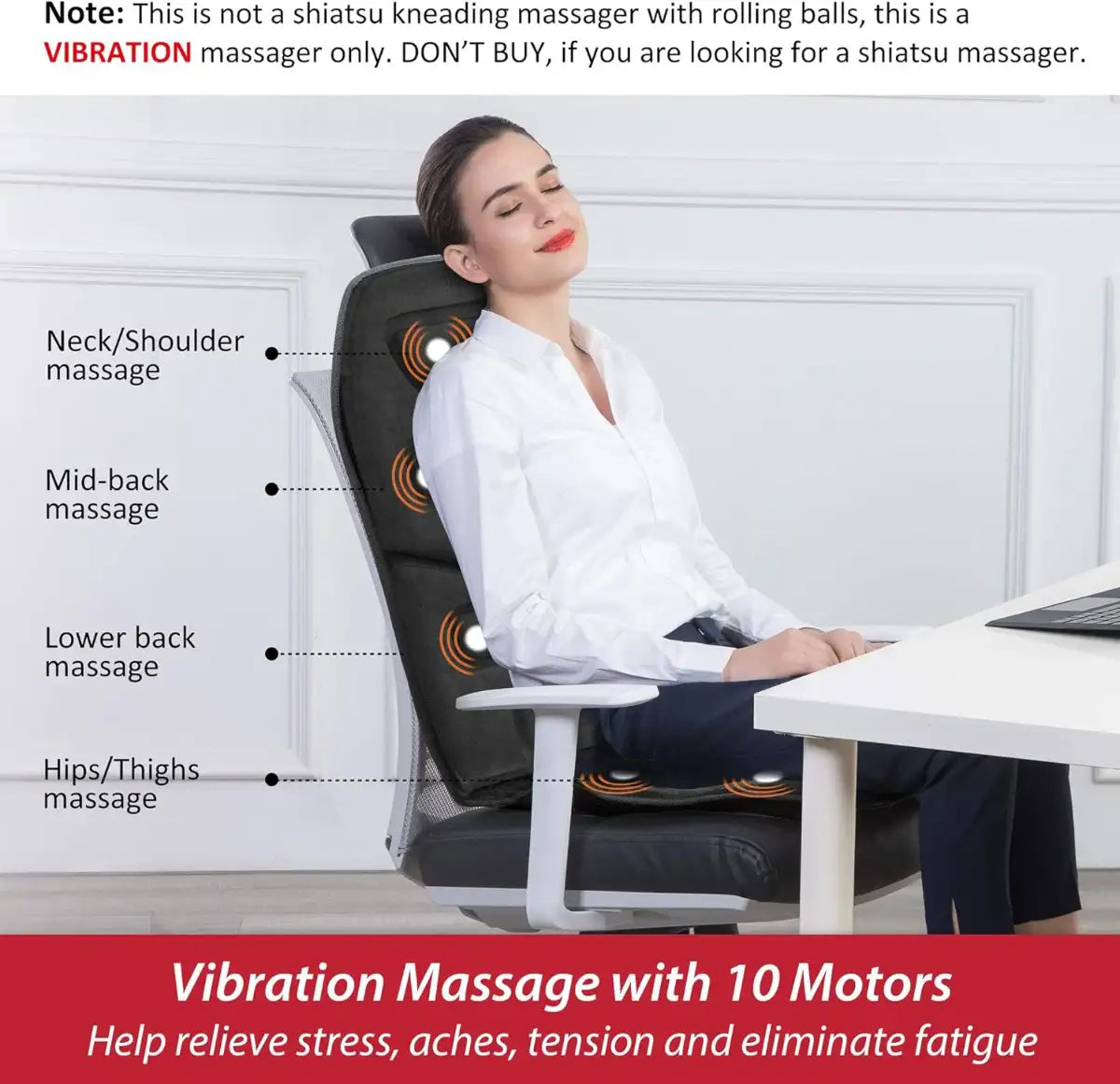 Woman using a vibration massage chair in an office setting with text highlighting features.