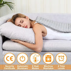 Woman lying on a couch with a heating pad, surrounded by product features icons and text.