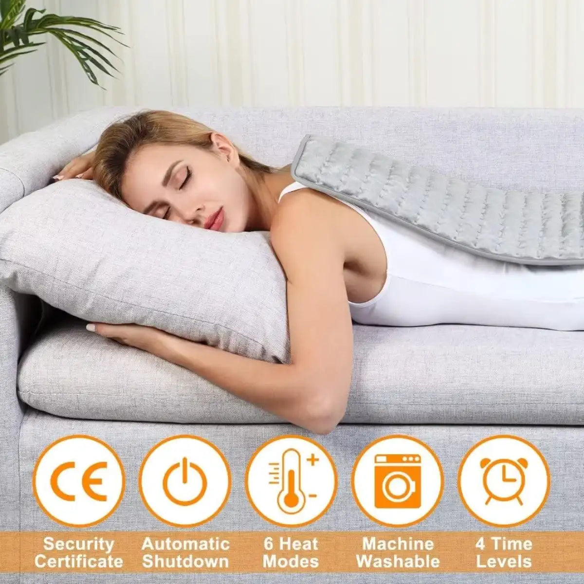 Woman lying on a couch with a heating pad, surrounded by product features icons and text.