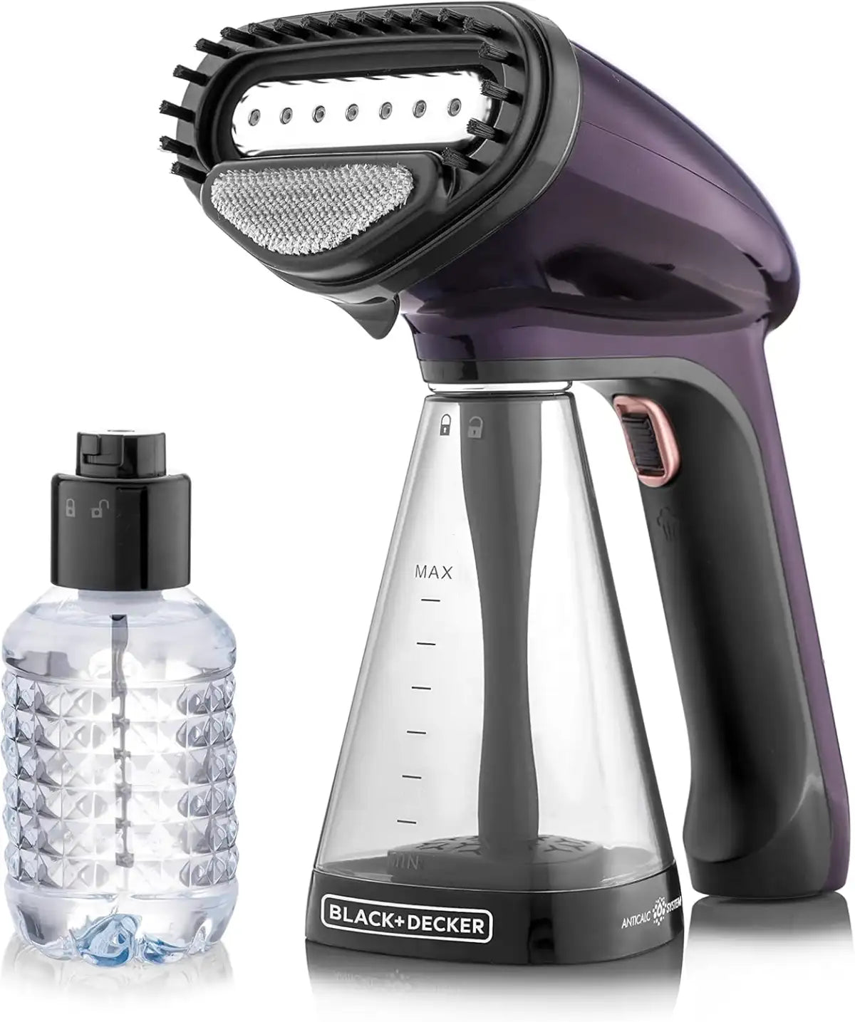 Black and Decker handheld steamer with a clear bottle on a white background