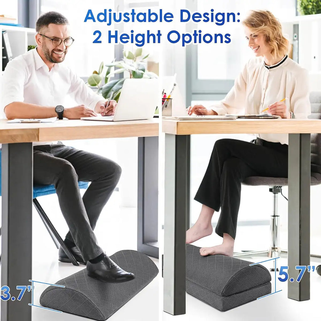 Two people using footrests at a desk with adjustable height options highlighted.