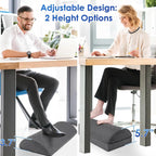 Two people using footrests at a desk with adjustable height options highlighted.