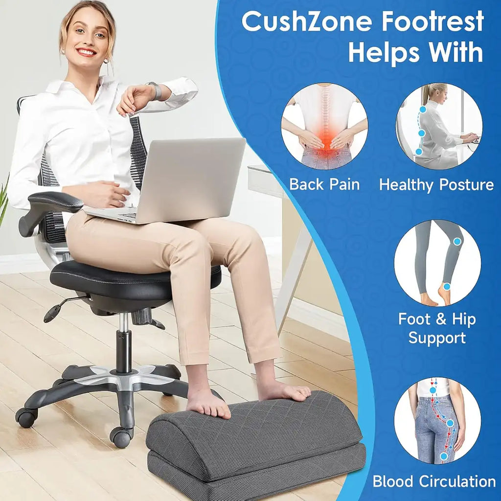 Woman using a CushZone footrest at a desk with text highlighting its benefits.