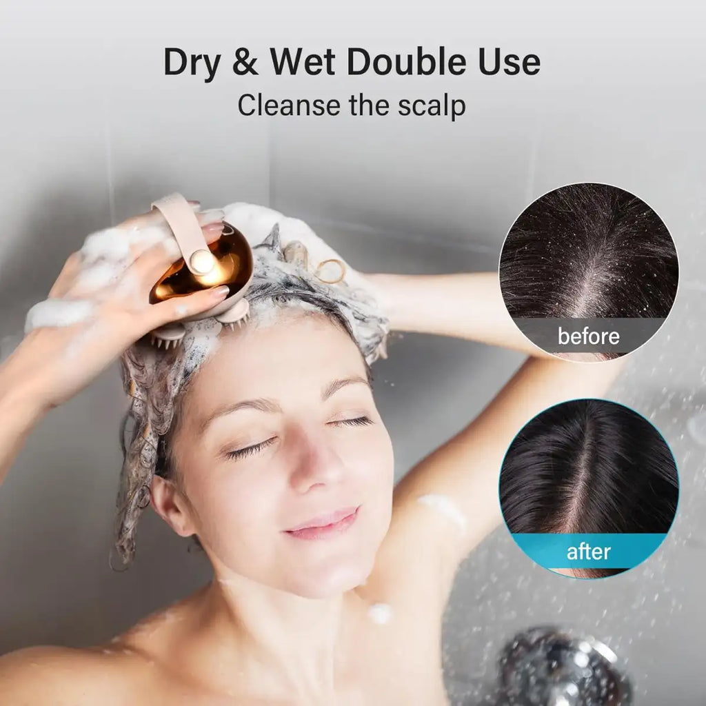 Woman washing her hair with a scalp cleaning brush, showing 'before' and 'after' effects.