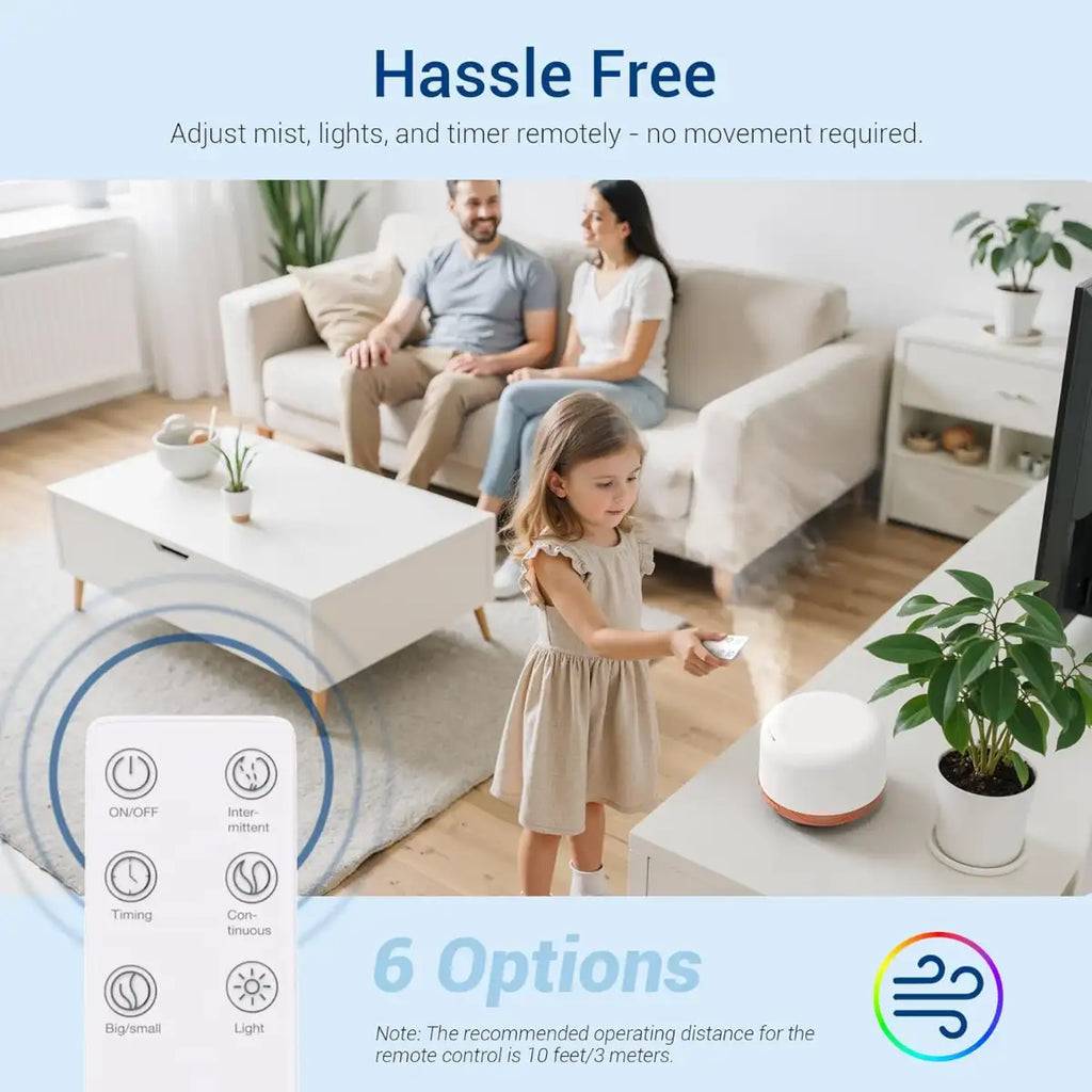 Living room with a family and a child interacting with a remote control device, featuring text about hassle-free operation and 6 options.
