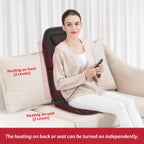 Woman using a massage chair with heating functions on a white background
