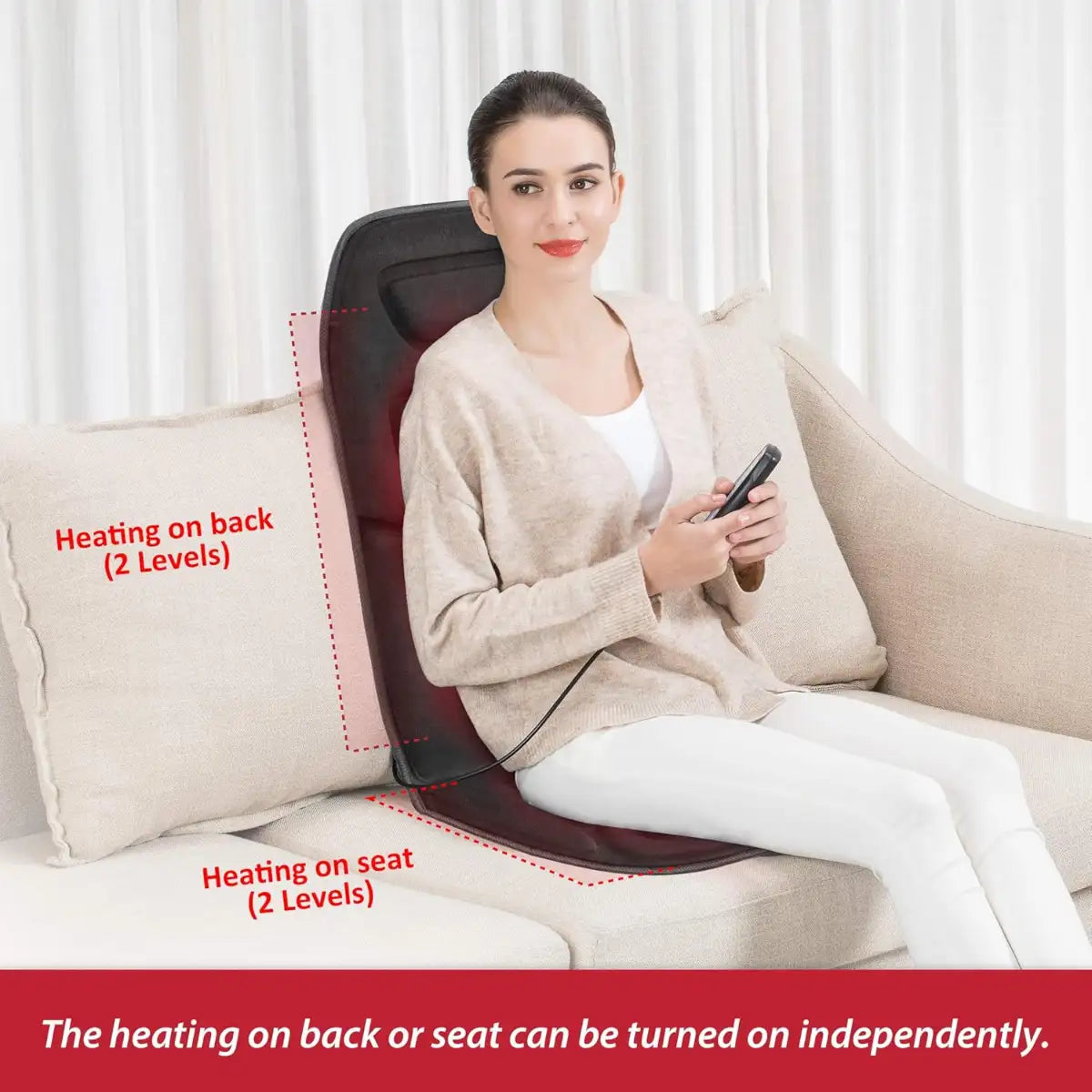 Woman using a massage chair with heating functions on a white background