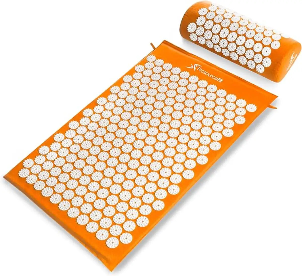 Acupressure mat and roller with white nodes on an orange background