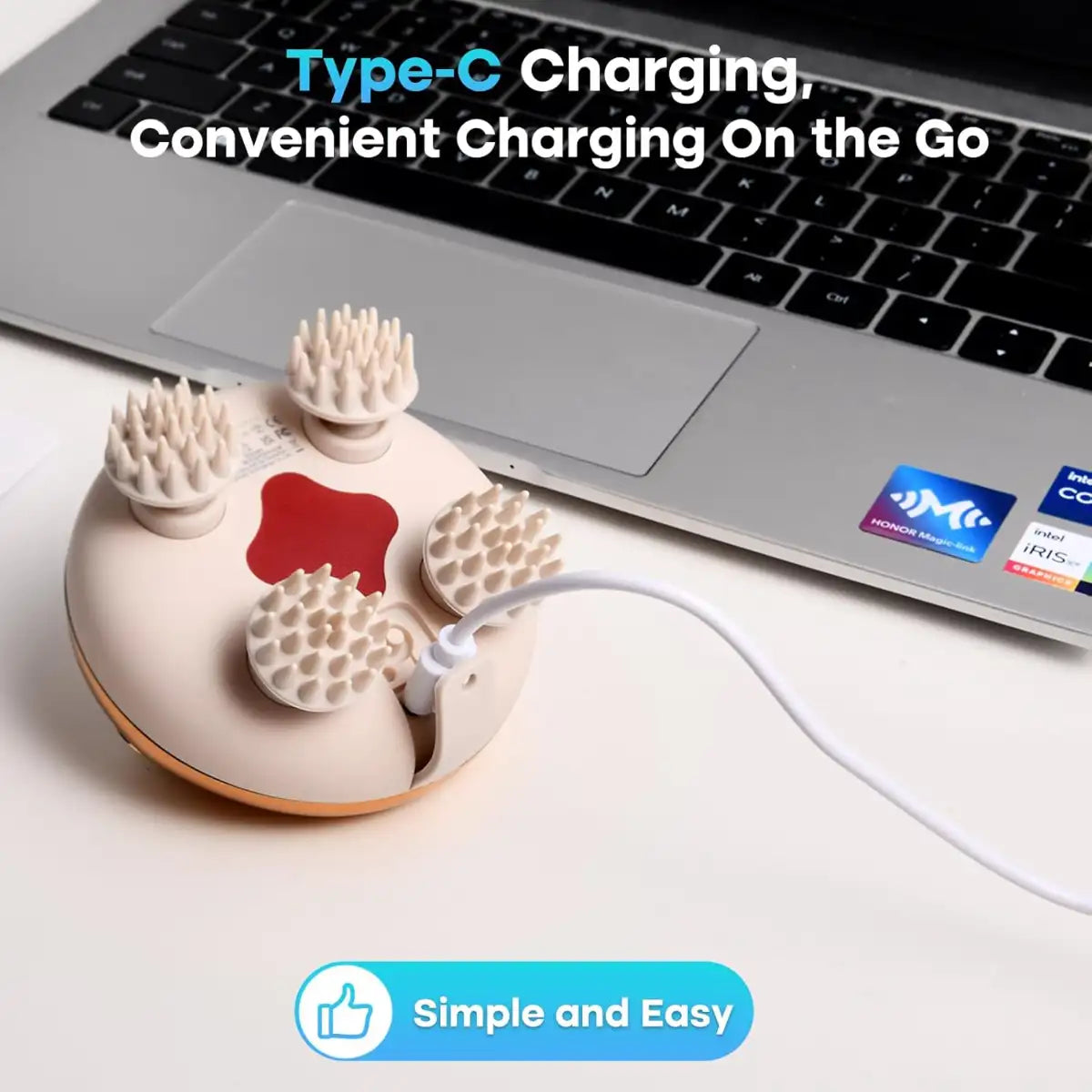 Portable charging device with USB-C cable on a laptop, text 'Type-C Charging, Convenient Charging On the Go'.