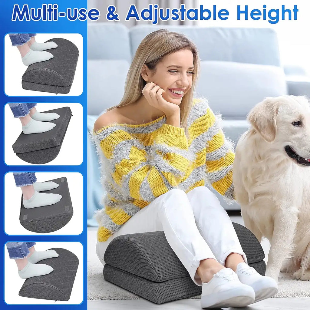 Woman using a multi-use and adjustable height cushion with a dog on a couch.