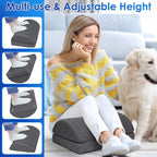 Woman using a multi-use and adjustable height cushion with a dog on a couch.