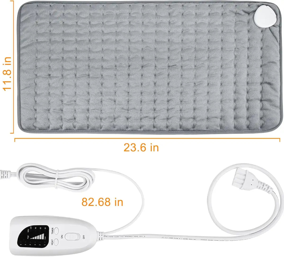Gray heating pad with power cord and control unit on a white background