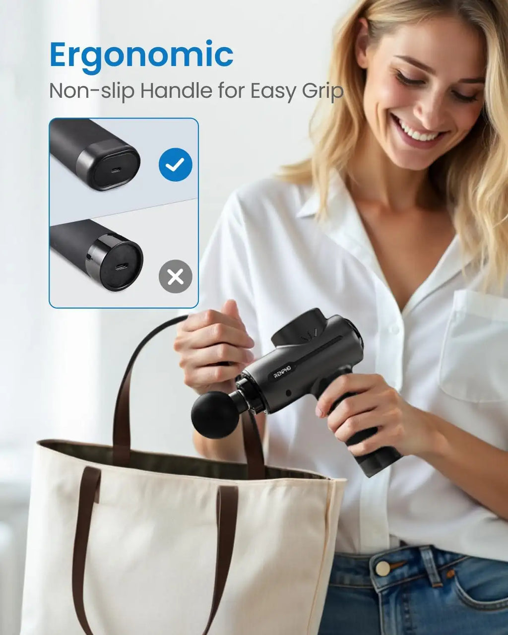 Woman holding a handheld device with an ergonomic non-slip handle, smiling.