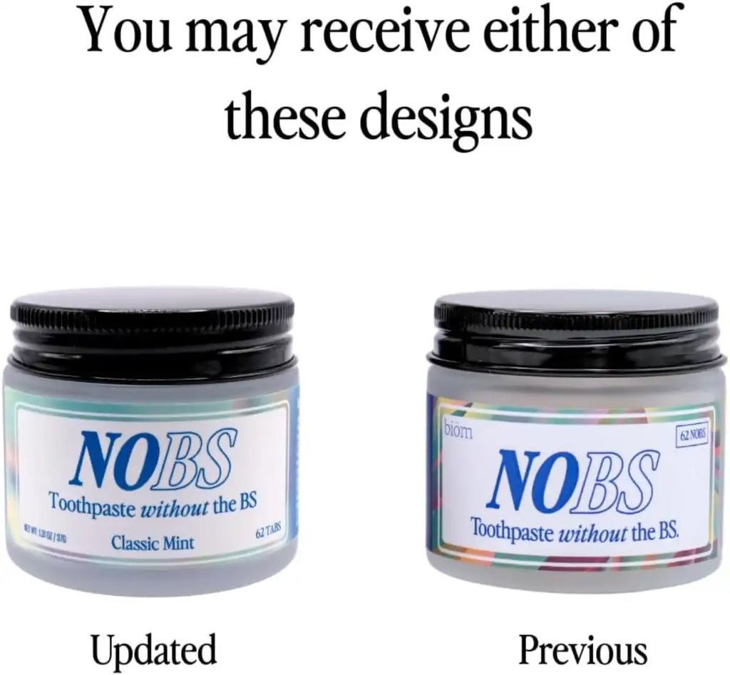 Two jars of NOBS toothpaste with labels indicating 'Updated' and 'Previous' designs.