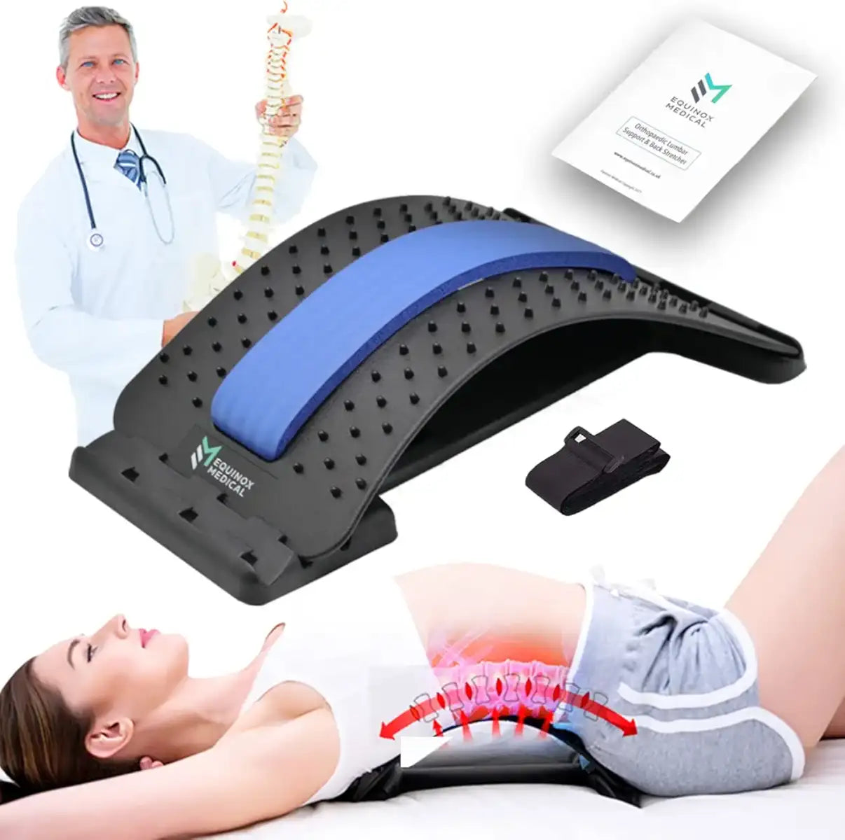Back support device with a doctor and patient illustration, and a business card on a white background.