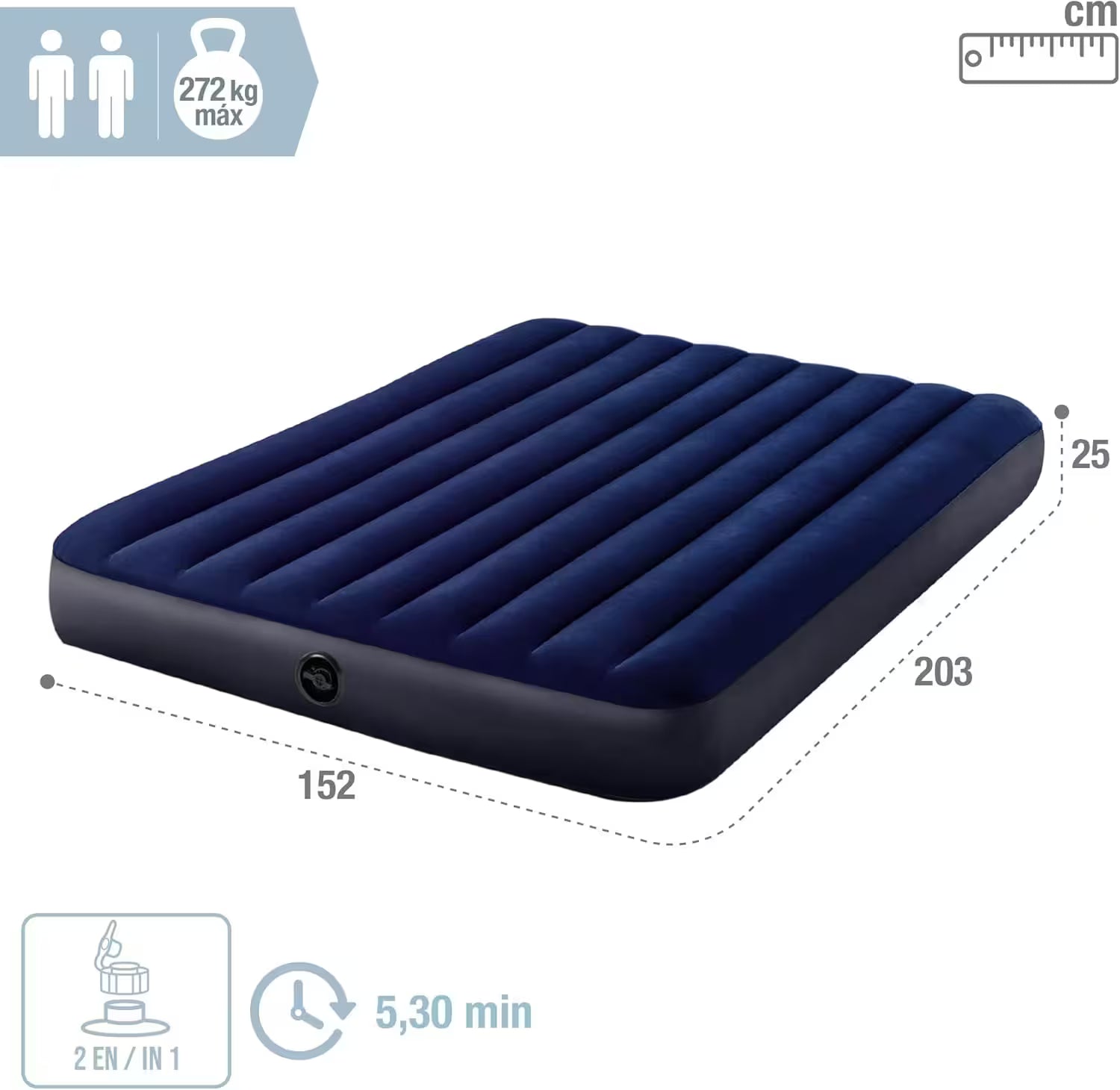 Intex Dura-Beam Standard Classic Downy Air Bed - 1.52m x 2.03m, Quick Inflation, Portable Guest Bed