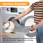 Person holding a gray heating pad with washing machine in the background, emphasizing machine washability.