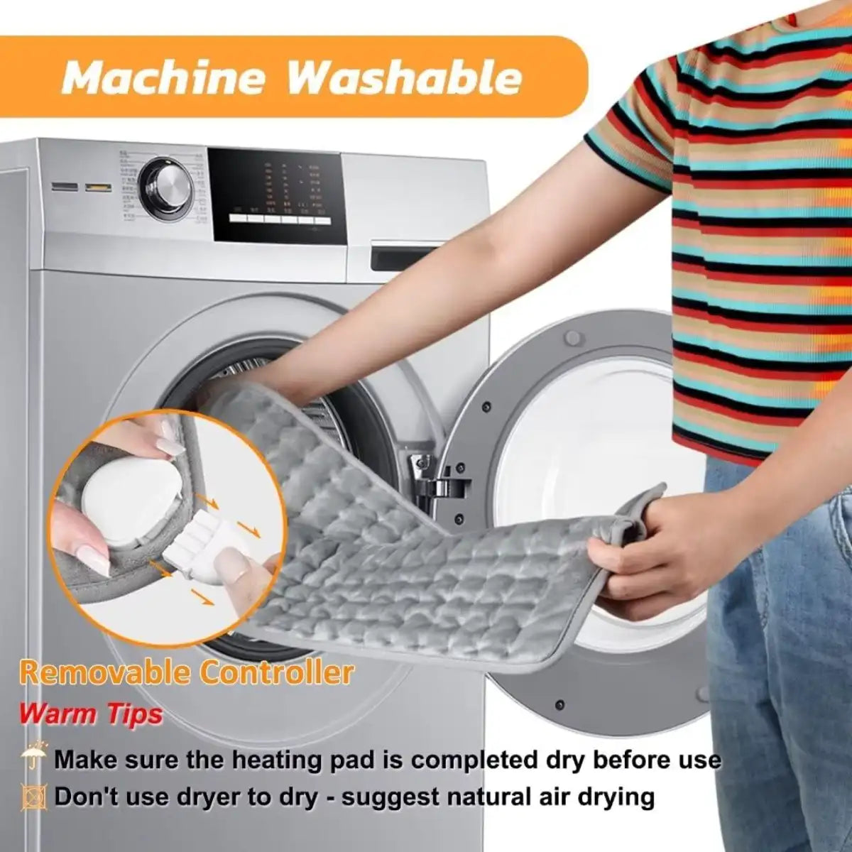 Person holding a gray heating pad with washing machine in the background, emphasizing machine washability.