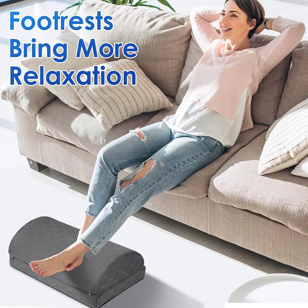 Woman relaxing on a couch with a footrest, text 'Footrests Bring More Relaxation' displayed.