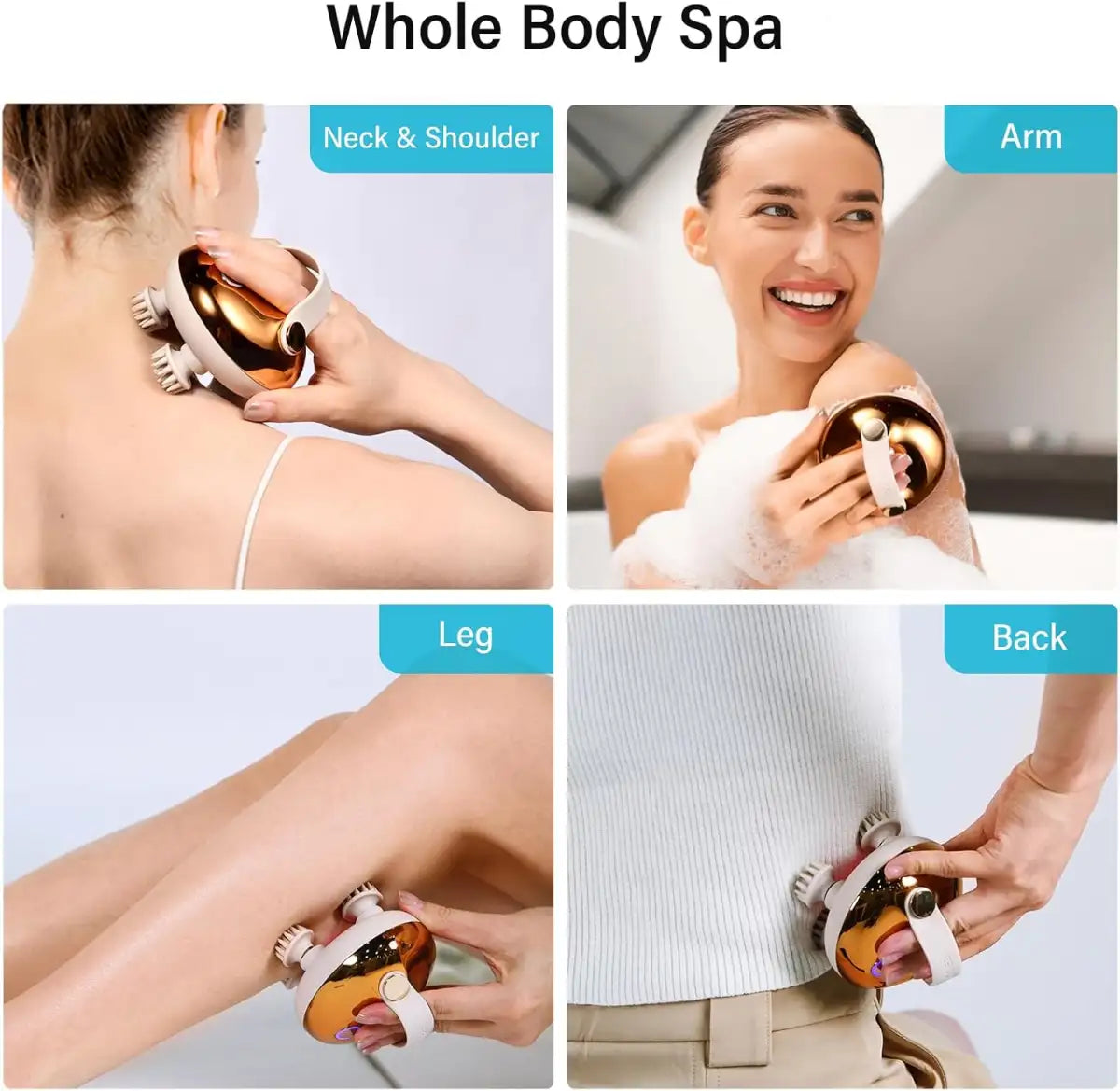 Product being used on neck, shoulder, arm, leg, and back with 'Whole Body Spa' text.
