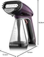 Handheld steamer with Black+Decker branding and dimensions displayed.